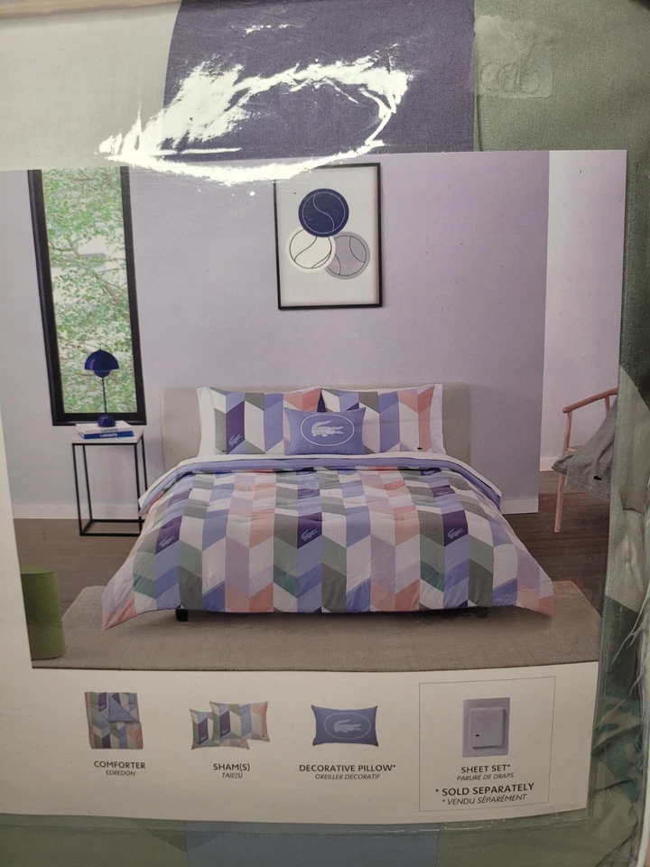 Juego de edredón y almohada decorativa Lacoste Beaumont rosa múltiple de 4 piezas completo/queen nuevo en paquete Foto 2 de 4