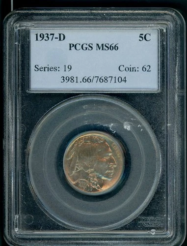 UNITED STATES 1937-D DENVER BUFFALO NICKEL COIN PCGS MS 66      A9