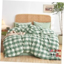 - Gingham Cotton Duvet Cover Set, Plaid Buffalo Check Queen Green White