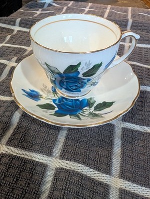 Duchess Blue Rose right facing Bone China Tea Cup & Saucer , Gold Rim, England