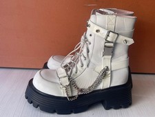 Ladies White Faux Leather Zip, Lace Up Chunky Sole Ankle Boots. UK(5)EU(38)-A101