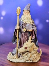 Vintage Myths and Legends Wizard w/ Crystal Ball & Dragon Skeleton 10.25” Statue