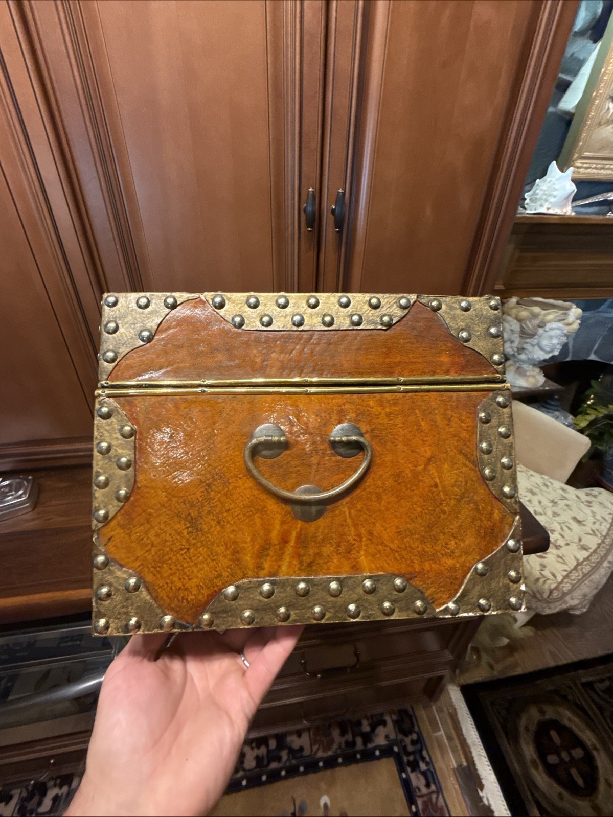 Vintage Faux Brown Camel Leather Trunk Chest Sudden Metal Corners 