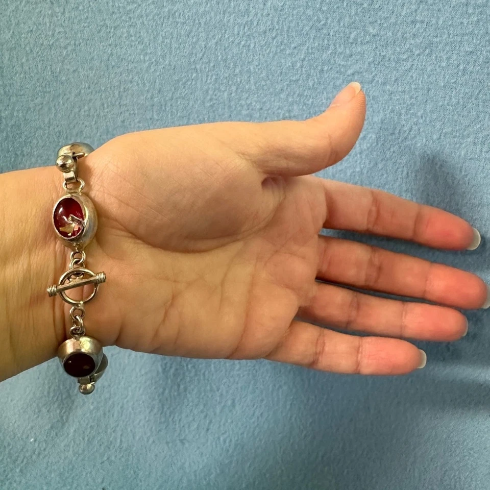 Vintage TAXCO Mexico Sterling Silver Bracelet with Red glass opals - Image 3 of 4