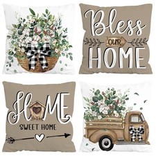 Farmhouse Throw Pillow Covers 18x18 Inch Set of 4, Home Sweet Home Spring Cus...
