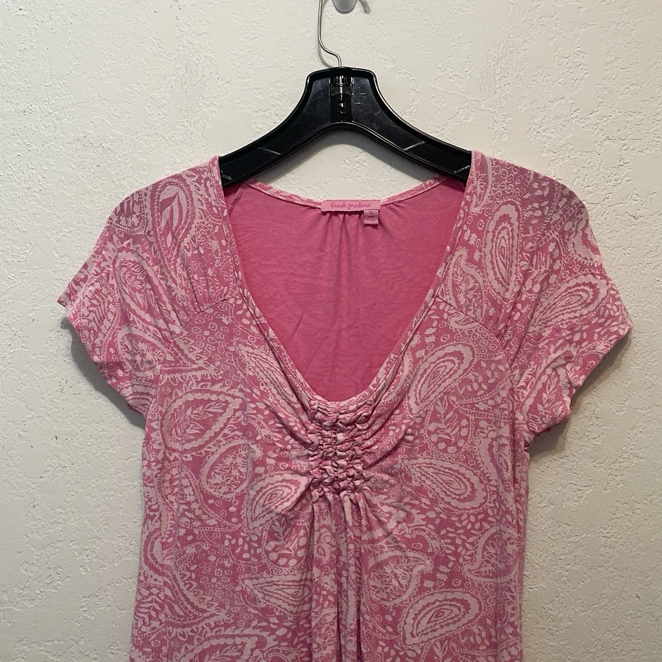 Vestido Fresh Produce Para Mujer XS Rosa Floral Rayón Spandex Tejido Manga Gorra Cuello en V Foto 3 de 4