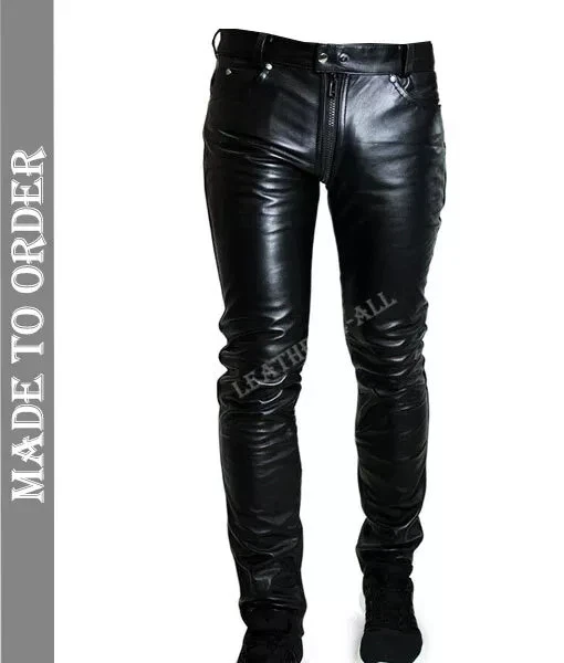 Men's Real Black Leather Slim Fit Pants 5 Pockets With Back Zip Leather