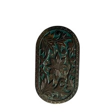 Vintage Western Floral Tooled Belt Buckle Teal Turquoise Enamel Silver Tone Oval