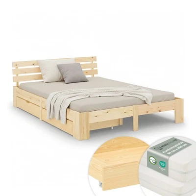 Lit double 160x200 en bois avec matelas et tiroirs – Lit adulte/ado Homestyle4u - Photo 1/4