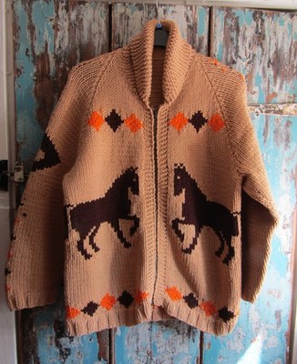 Vintage 70er Ära Handmade Western Cowboy Pferde Grobstrick Cardigan Gr. L