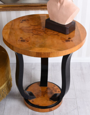 Table D'appoint Ronde Style Art Déco - Bois Racine Marron - Diamètre 60 Cm, Hauteur 66 Cm - Neuf Sous Emballage