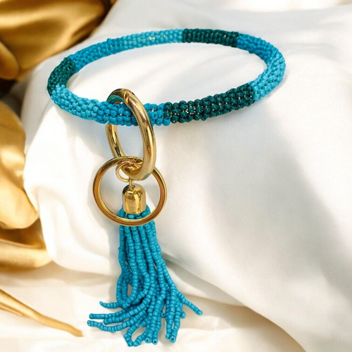 NEW! Blue Ombre Seed Bead Tassel Bangle Keychain Key Ring Womens Accessories