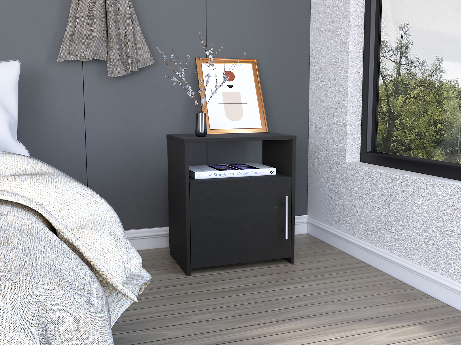 Black Wengue Nightstand with Single Cabinet by Cuarzz-image