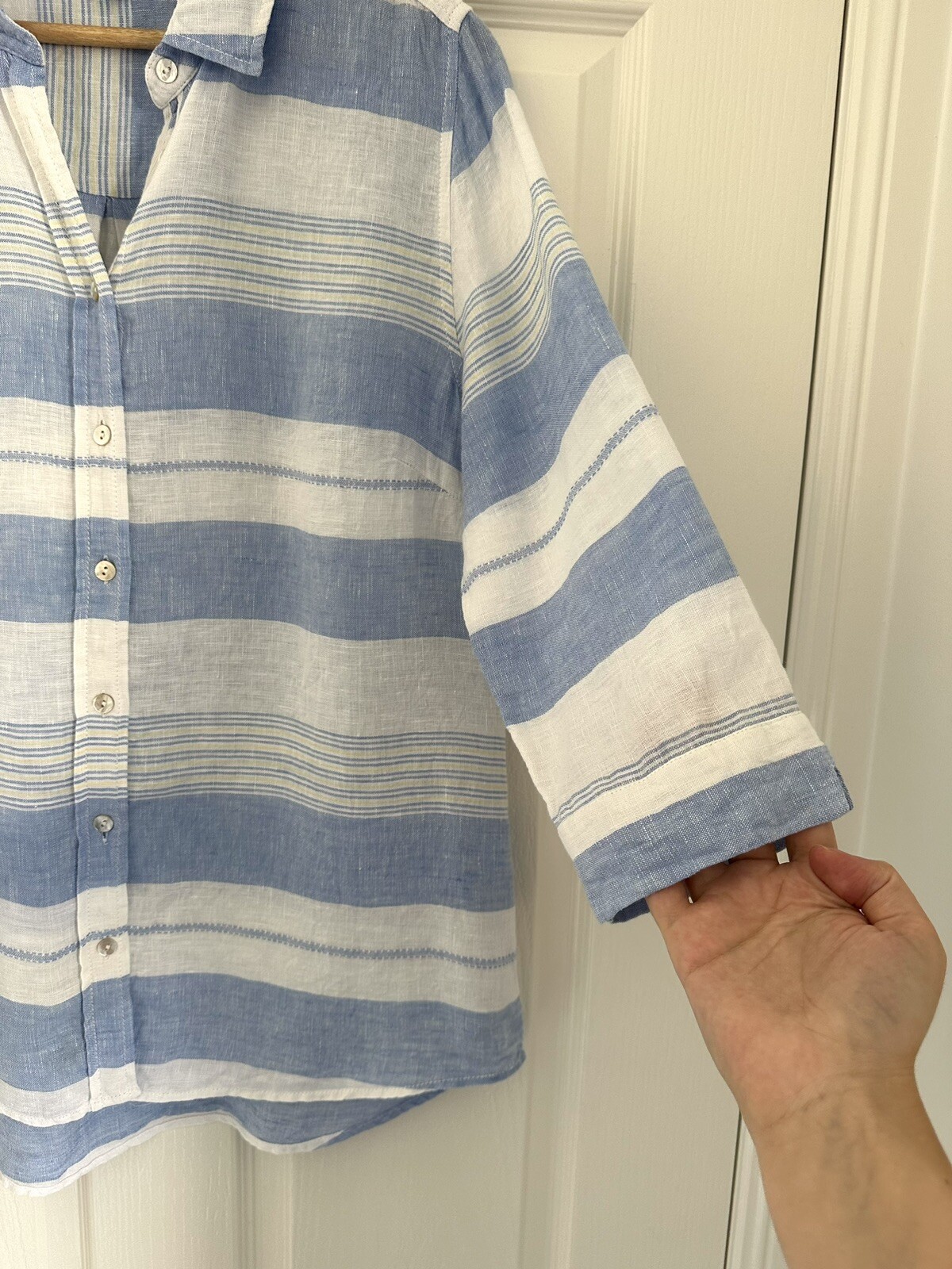 Maggie T blue white yellow Striped 100 linen blouse size 12 EUC eBay