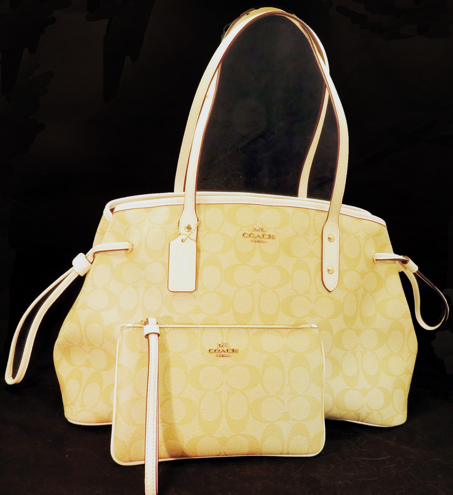 Coach Chalk Beige Signature Leather Drawstring Carryall & Wristlet Set