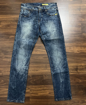 FRANKIE MORELLO Extra Premium Denim Mens Jeans Acid Wash 32x34 Cotton Very Stiff