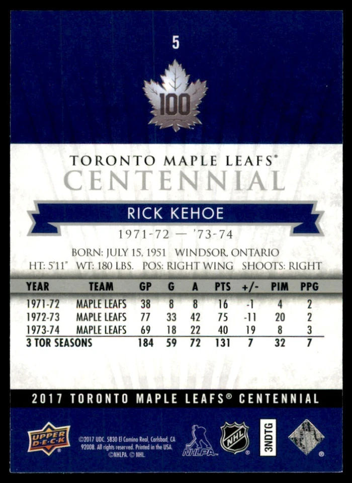 2017-18 Upper Deck Toronto Maple Leafs Centennial Rick Kehoe #5 - Image 2 of 2