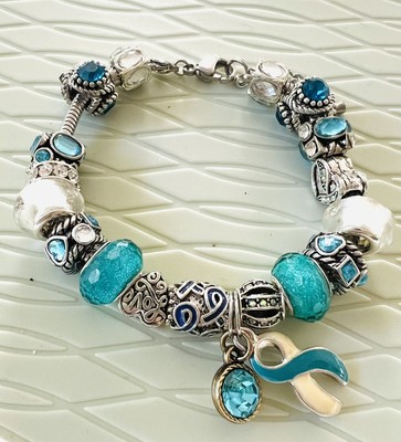 Cervical Cancer Awareness Teal White European Charm Bracelet 6-3/4 to 7-3/4 
