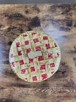 Vintage 70s Ceramic Lattice Cherry Pie Keeper Dish Lid w/ Pie Slice Handle 11''