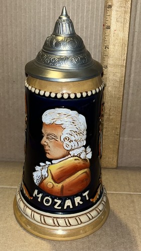 King Vintage MOZART österreichischer Bierstein ZINN Deckel 9" hoch DRM Handarbeit WIEN