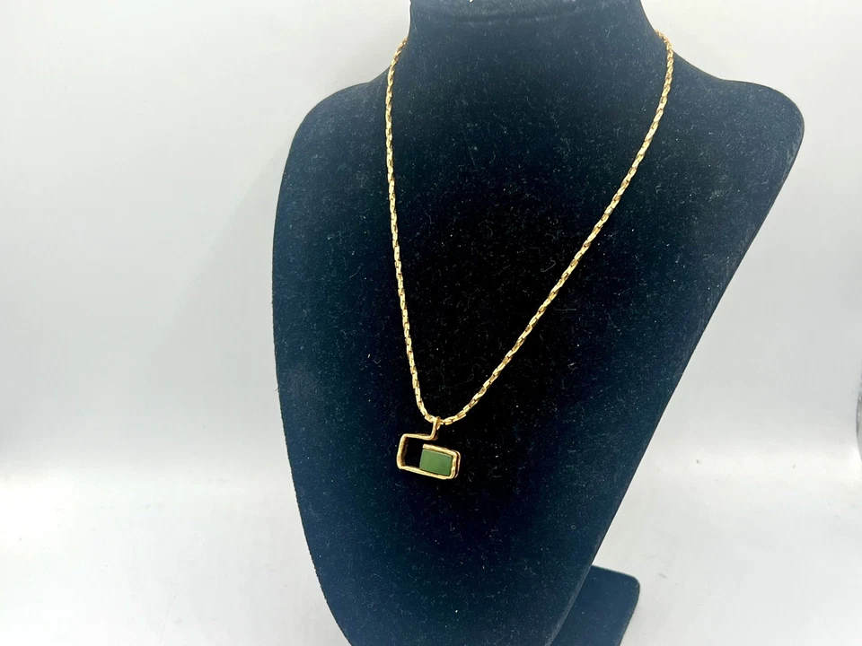 Conjunto de canal de piedras preciosas verdes geométricas artesanales vintage collar colgante cuadrado E Foto 4 de 4