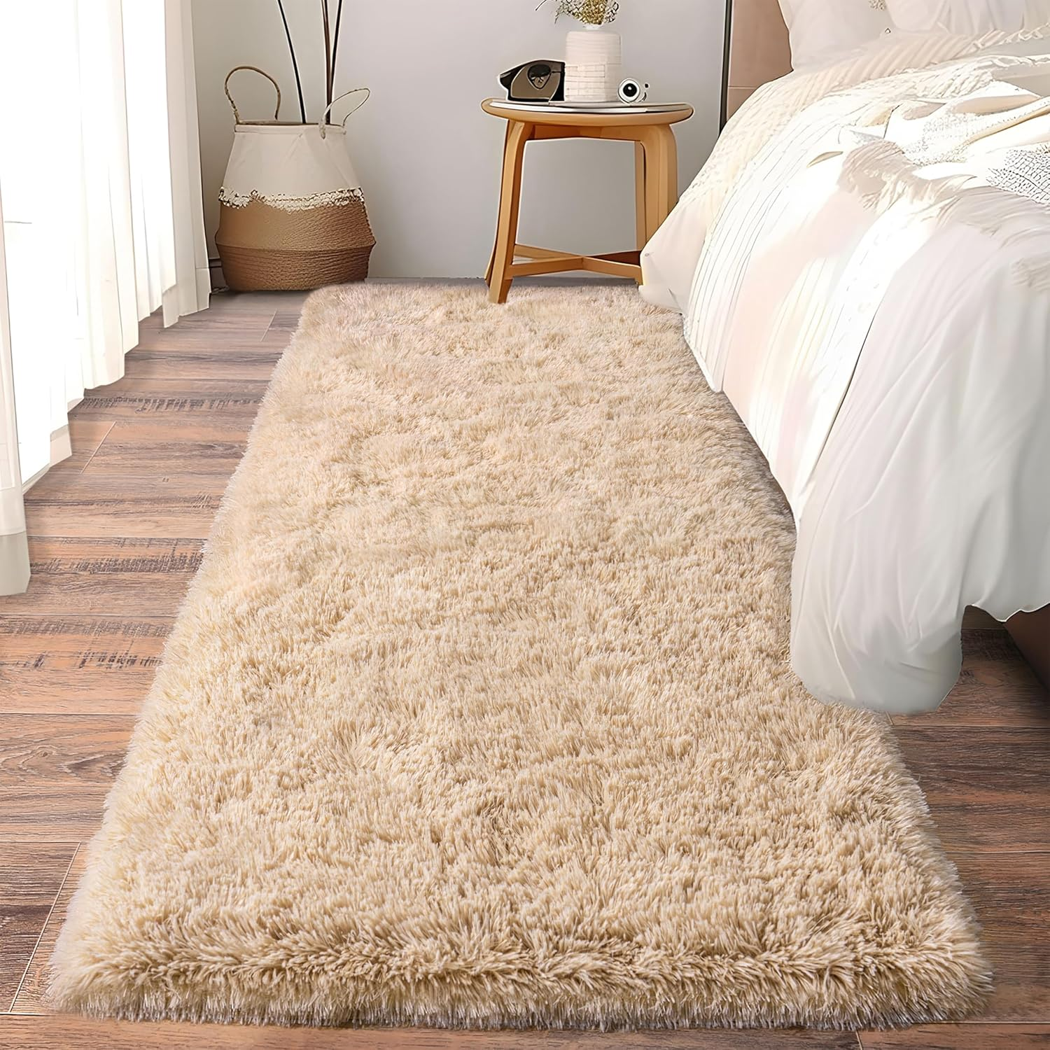 Soft Fluffy Beige Shag Runner Rug for Bedroom or Hallway 2x6 Non-Slip