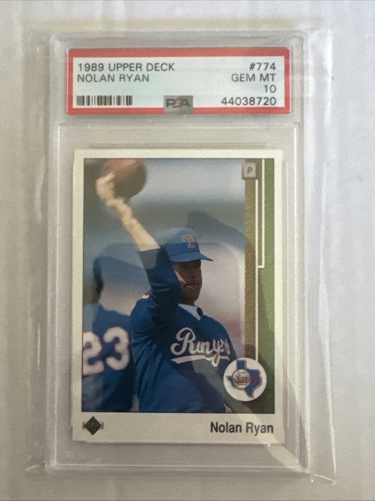 1989 UPPER DECK #774 NOLAN RYAN RANGERS HOF W/ FOOTBALL PSA 10