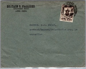 1950 Lima Peru Postal Stamp Mail Cover to Ansbach Bayern Germany