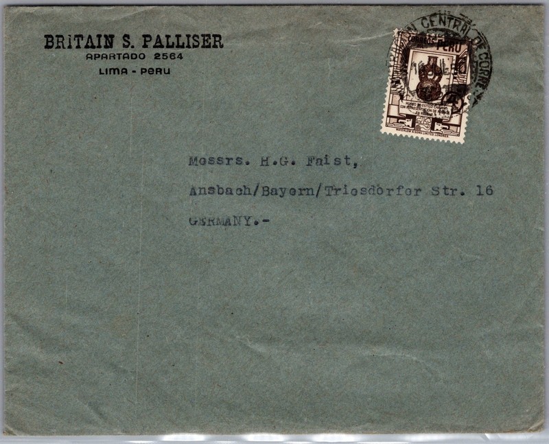 1950 Lima Peru Postal Stamp Mail Cover to Ansbach Bayern Germany