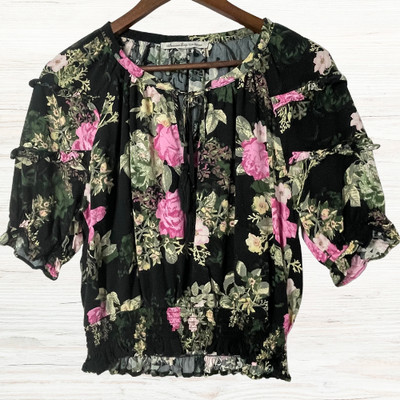 American Rag Floral Blouse Womens Size M Boho Smocked Ruffle Peasant Top