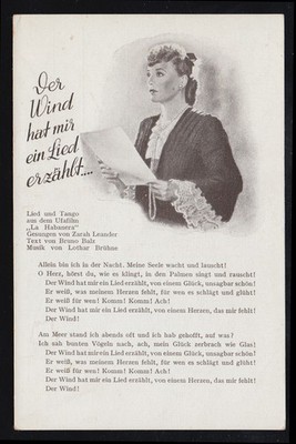 Poetry postcard The Wind told me in song, singer Zarah Leander, unused 
