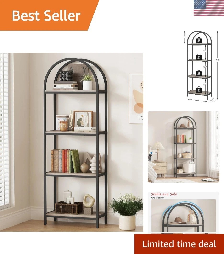 71.3&rdquo; Tall Industrial 4-Tier Bookshelf - Durable and Stylish Grey Design