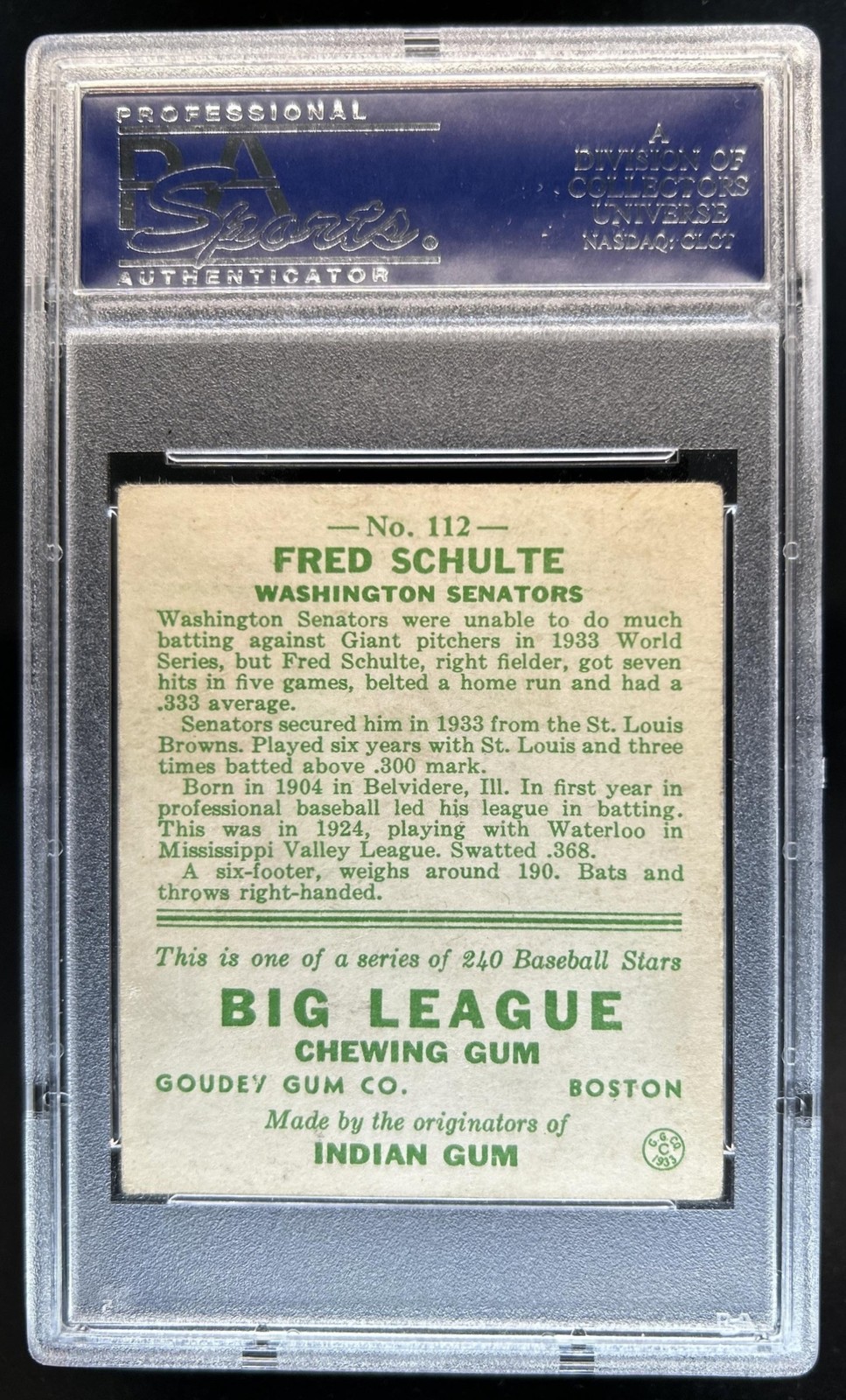 1933 Goudey R319 Fred Schulte Rookie RC #112 Senators PSA 4 view 2