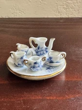 Miniature Porcelain Tea 8-Piece Blue Floral Gold Trim Dollhouse China