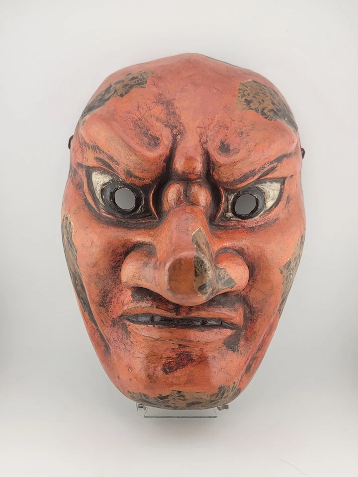 Antigua máscara japonesa Meiji/Showa de principios del siglo XX estilo Noh, que representa a un Tengu. Foto 2 de 4