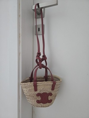CELINE Mini Triomphe Bast/Leder Schultertasche Beige/Rot