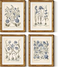 Rustic Bamboo Framed Blue Hydrangea Wall Art Set, 4 Pcs, 11x14 Inch