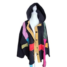 RareVintage Patchwork Mixed Media Artistic Grunge Boho Hippie Hooded Button Down