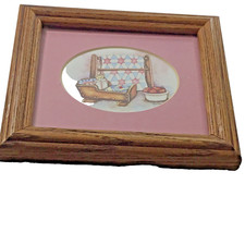 Framed Print Doll Cradle Basket Teddy Bear Nursery 5:x7"" Wall Hanging Light Oak
