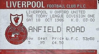 Liverpool v Oxford United 1986 1987 Division One Ticket 18/10/1986