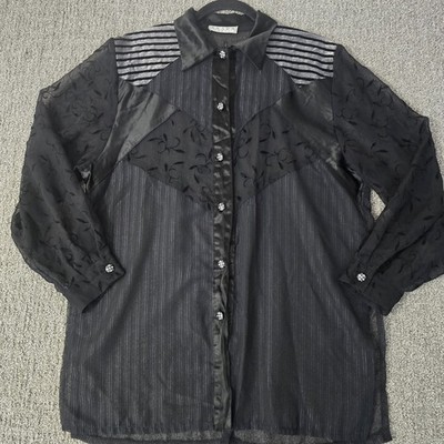 Vintage Axara Paris Black Sheer Burnout Button Up Blouse Stripe Artsy XL