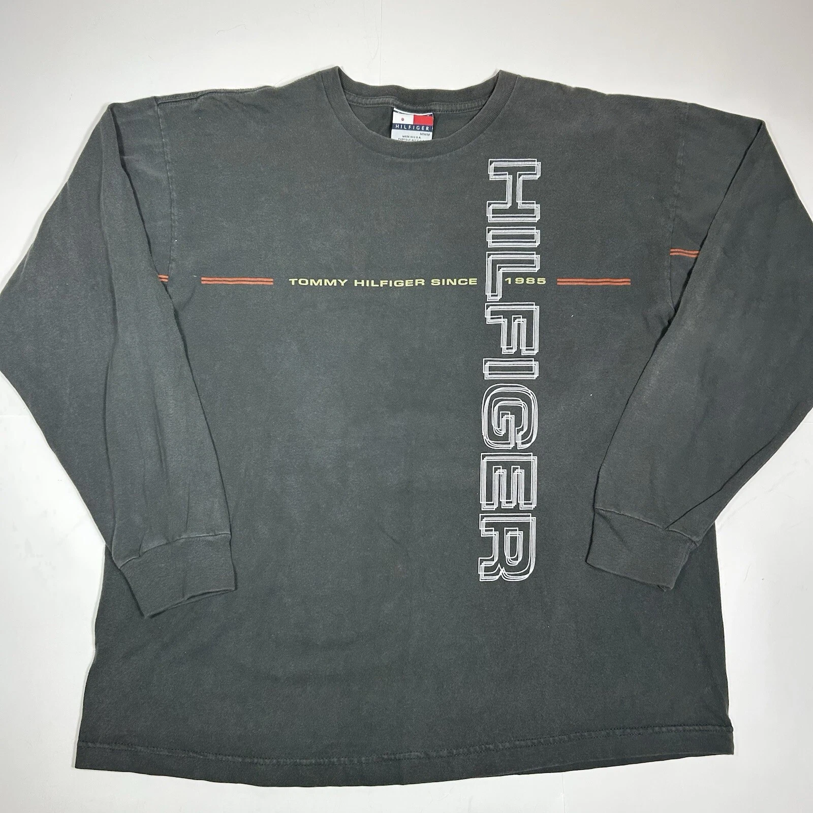 Vtg Y2K Tommy Hilfiger Long Sleeve T-Shirt Men Sz M Logo Spell out Hilfiger Gray