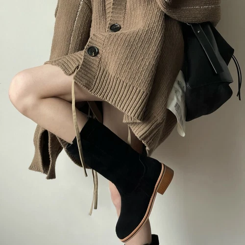 Halbhohe Damen-Westernstiefel Veloursleder rund geschnitten zum Überziehen niedriger Absatz Größe - Bild 5 von 10