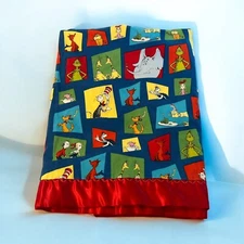 Dr Seuss Blue Baby Crib Blanket Red Satin Trim Colorful Lovey 40x29” VTG Red