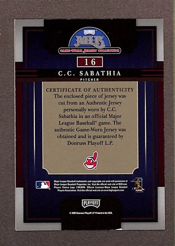Camiseta deportiva 2005 Playoff Prestige Playoff MLB usada en juegos colección #16 C.C. Sabathia Foto 2 de 3