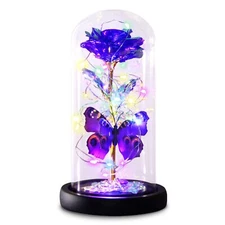 ROSE IN GLASS DOME Galaxy Purple Butterfly Light Up Forever Gift for Her GREENKE