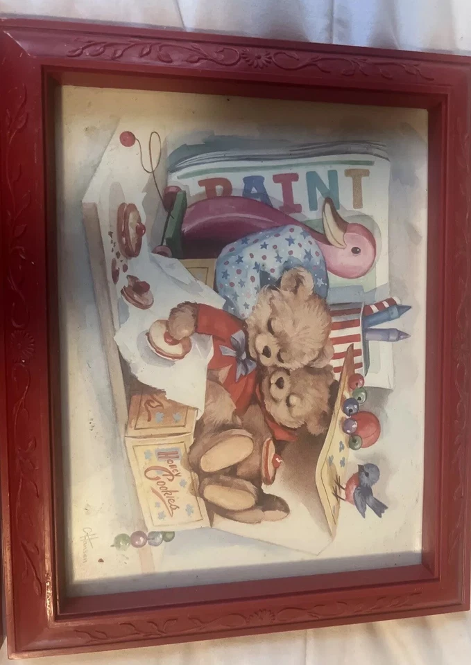 Oso de peluche vintage niños guardería estampados 2 con marcos rojos de colección C Hansen Foto 3 de 4