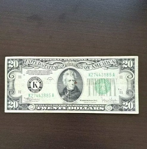 1934 Series C. $20 Green Seal Rare K Jackson. Free shipping, good condition. - Picture 2 of 6
