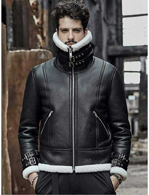 Men's B3 RAF Aviator Real Shearling Black Sheepskin Leather Flight Bomber Jacket