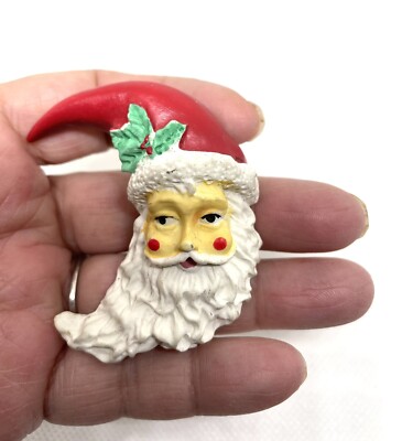 Adorable Santa In The Moon Face Brooch Lapel Resin Pin Holiday Pin Santa